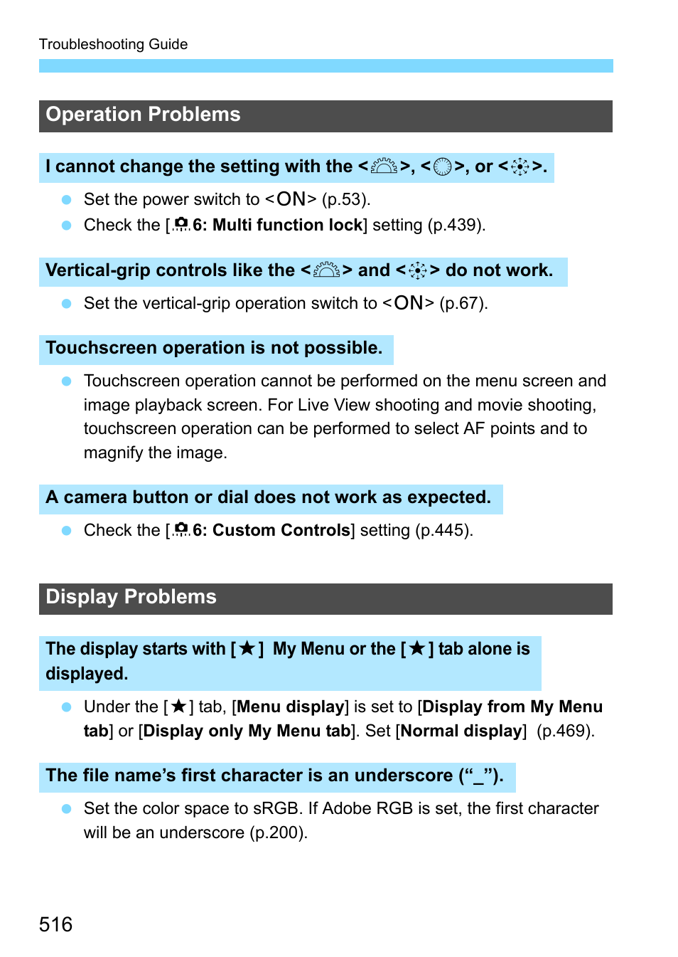 Operation problems, Display problems | Canon EOS-1D X Mark II DSLR Camera (Body Only) User Manual | Page 516 / 564