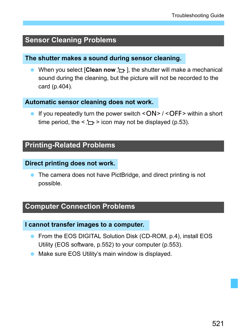 Sensor cleaning problems, Printing-related problems, Computer connection problems | Canon EOS-1D X Mark II DSLR Camera (Body Only) User Manual | Page 521 / 564