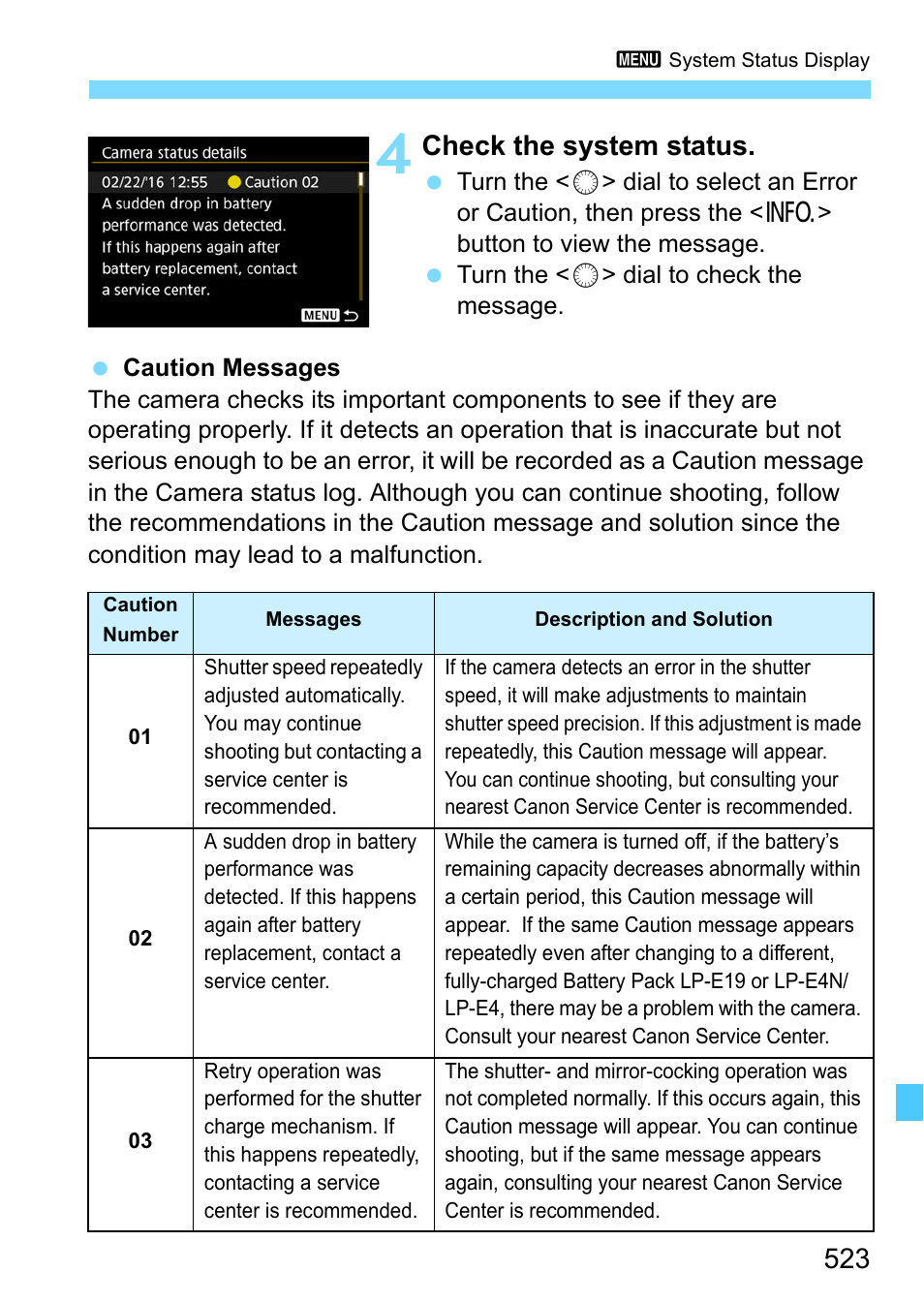 Check the system status | Canon EOS-1D X Mark II DSLR Camera (Body Only) User Manual | Page 523 / 564