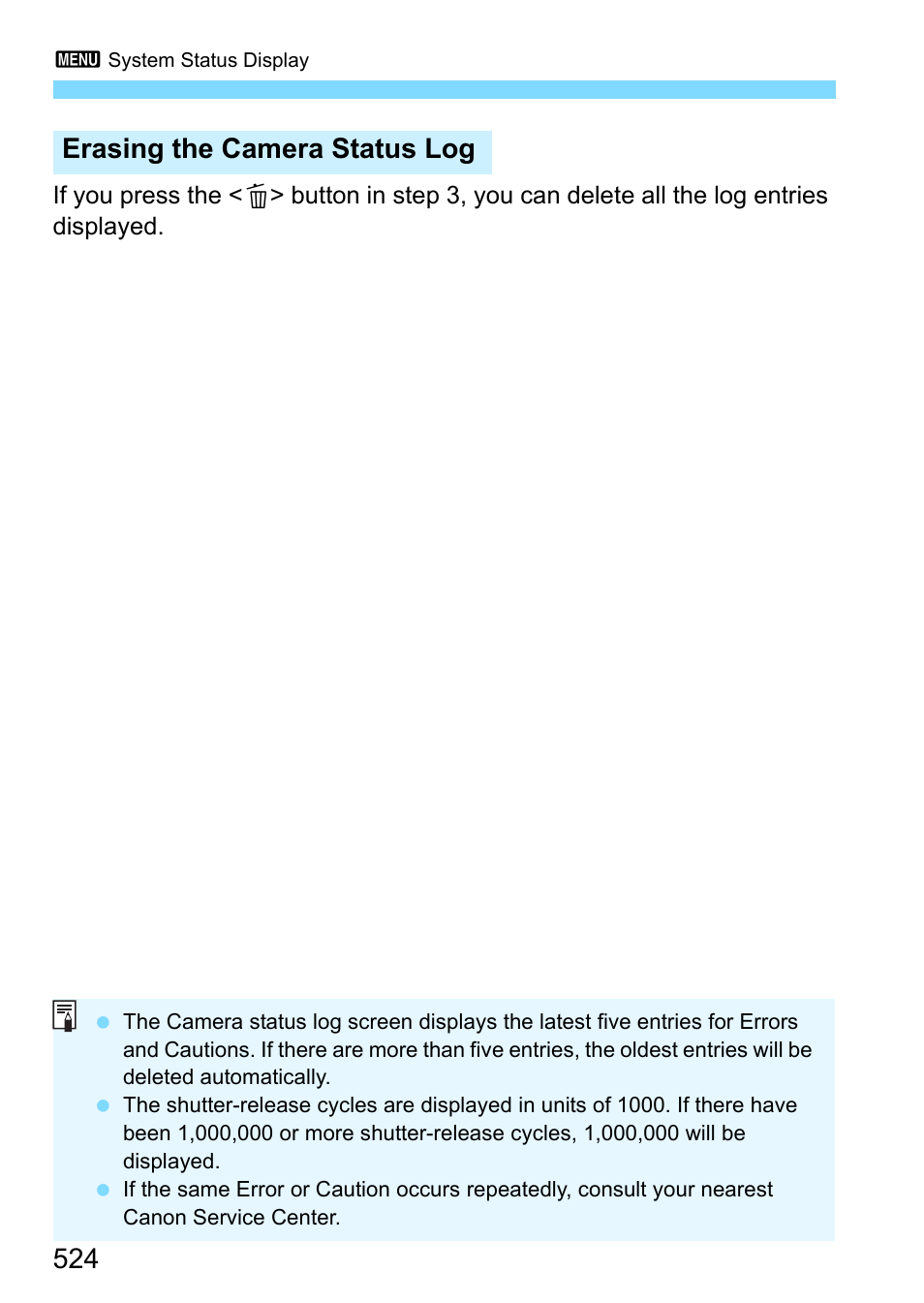 Erasing the camera status log | Canon EOS-1D X Mark II DSLR Camera (Body Only) User Manual | Page 524 / 564