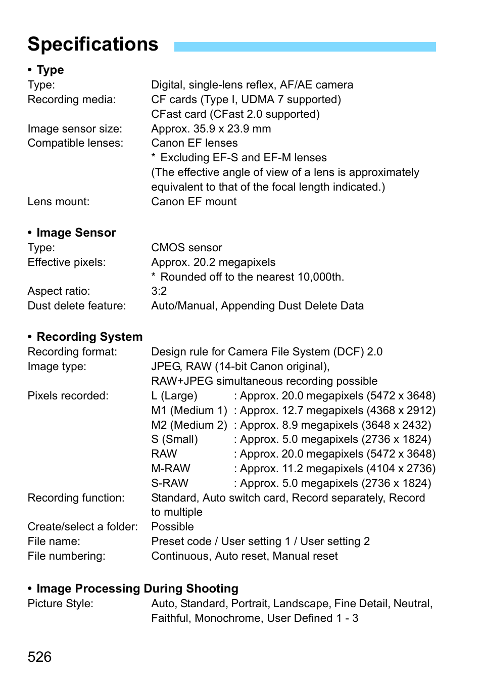 Specifications | Canon EOS-1D X Mark II DSLR Camera (Body Only) User Manual | Page 526 / 564