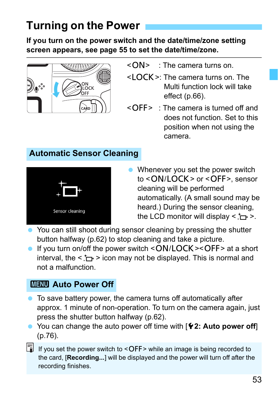 Turning on the power, P.53), Automatic sensor cleaning 3 auto power off | Canon EOS-1D X Mark II DSLR Camera (Body Only) User Manual | Page 53 / 564