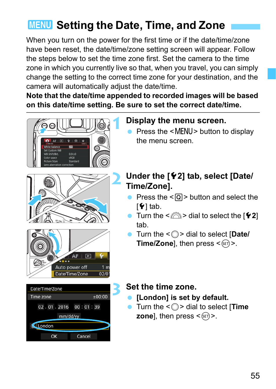 Setting the date, time, and zone, P.55, 55 to | 3setting the date, time, and zone | Canon EOS-1D X Mark II DSLR Camera (Body Only) User Manual | Page 55 / 564