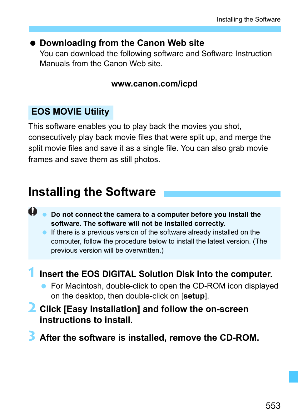 Installing the software | Canon EOS-1D X Mark II DSLR Camera (Body Only) User Manual | Page 553 / 564