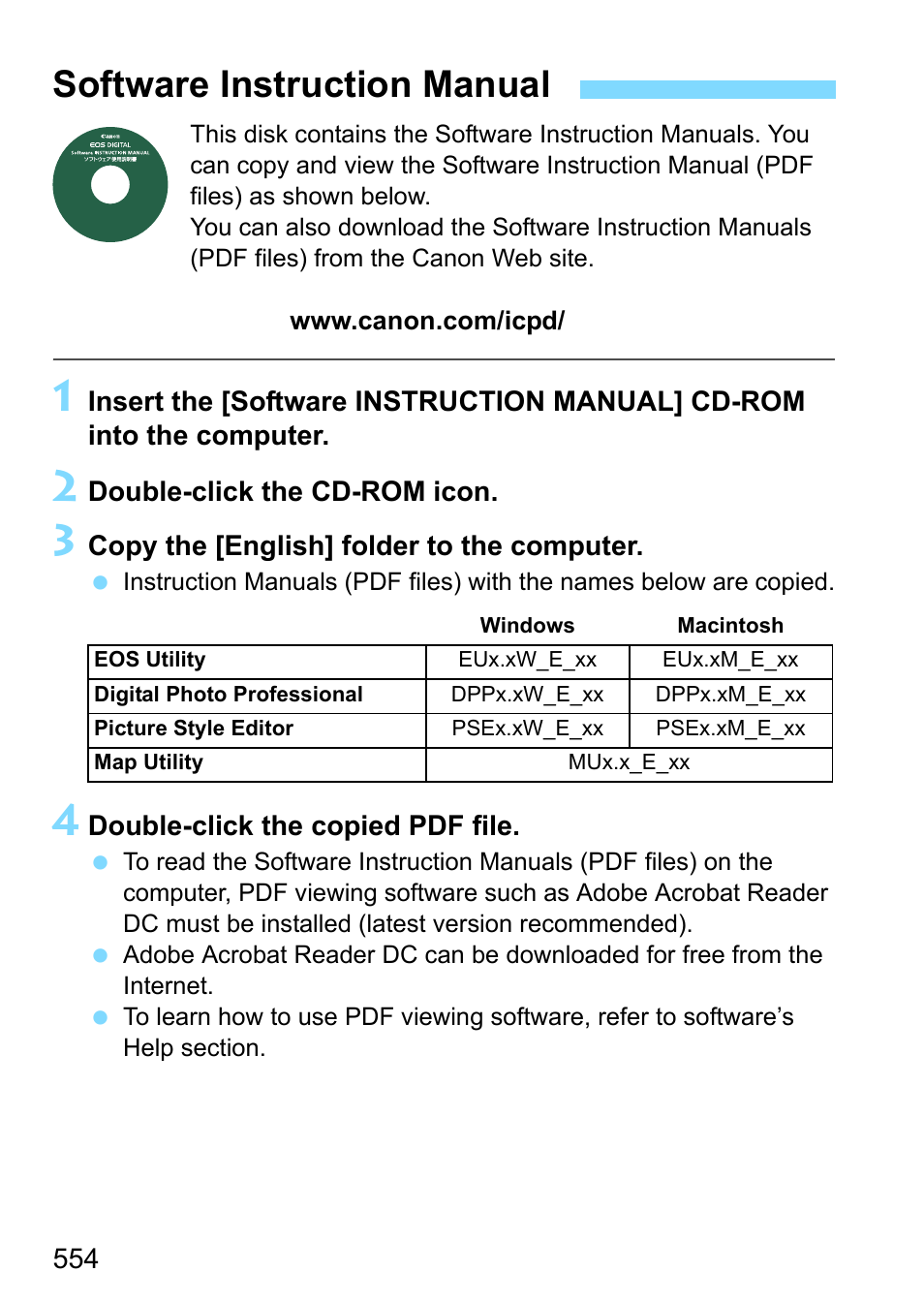 Software instruction manual, Manual (p.554) | Canon EOS-1D X Mark II DSLR Camera (Body Only) User Manual | Page 554 / 564