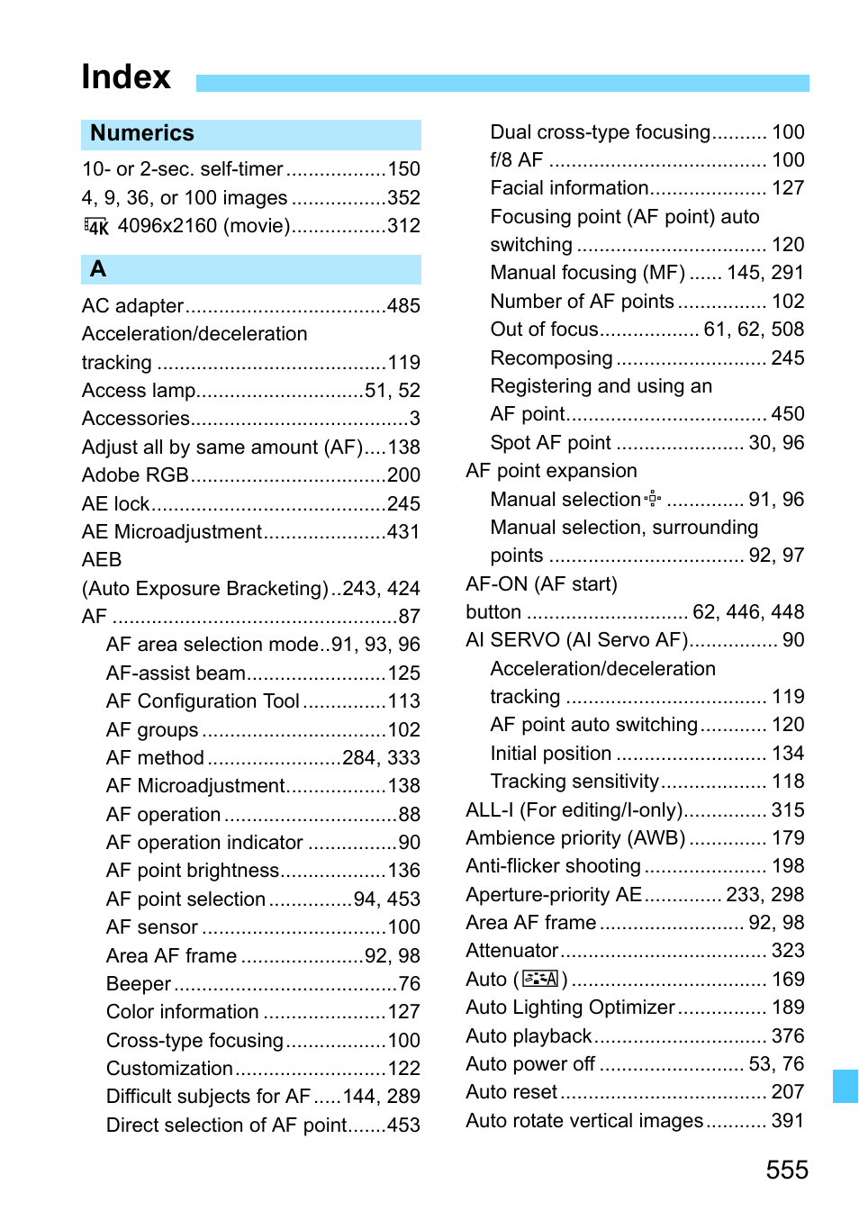 Index | Canon EOS-1D X Mark II DSLR Camera (Body Only) User Manual | Page 555 / 564