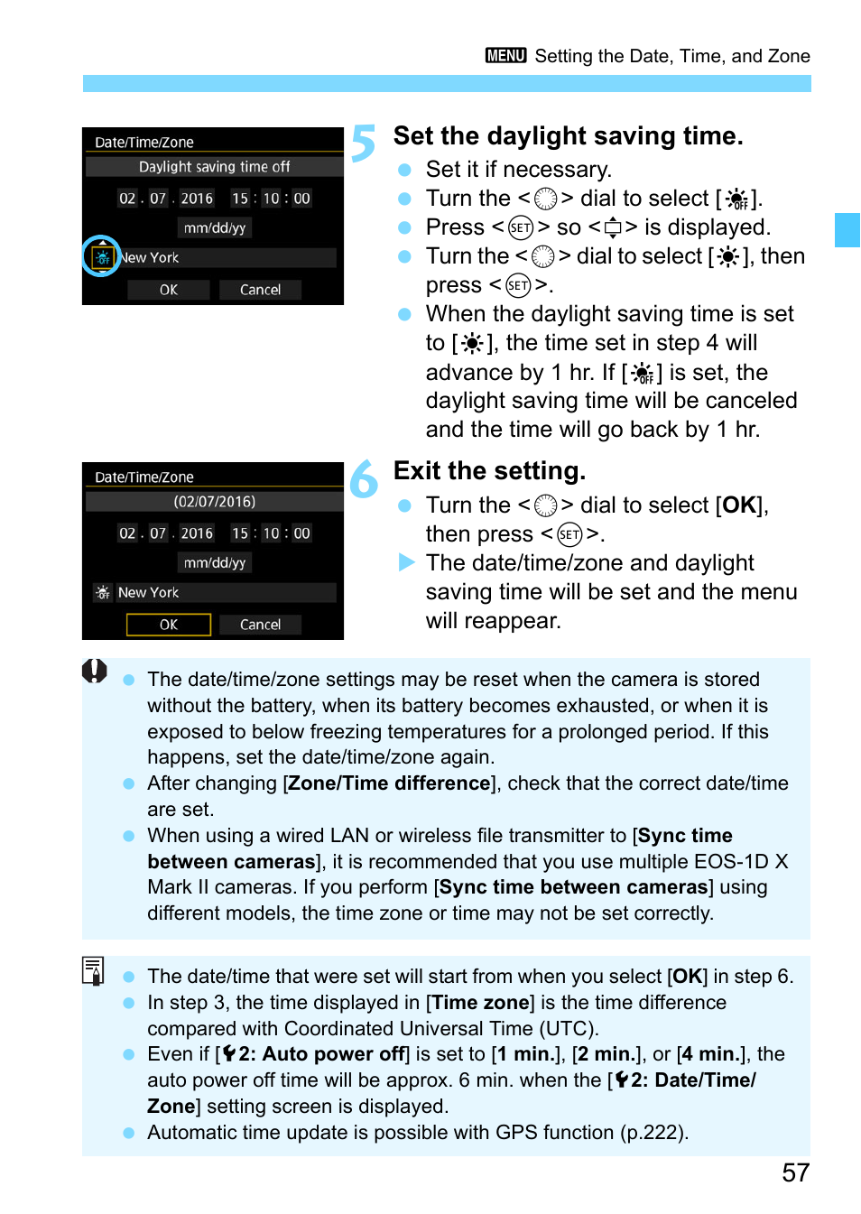 Set the daylight saving time, Exit the setting | Canon EOS-1D X Mark II DSLR Camera (Body Only) User Manual | Page 57 / 564