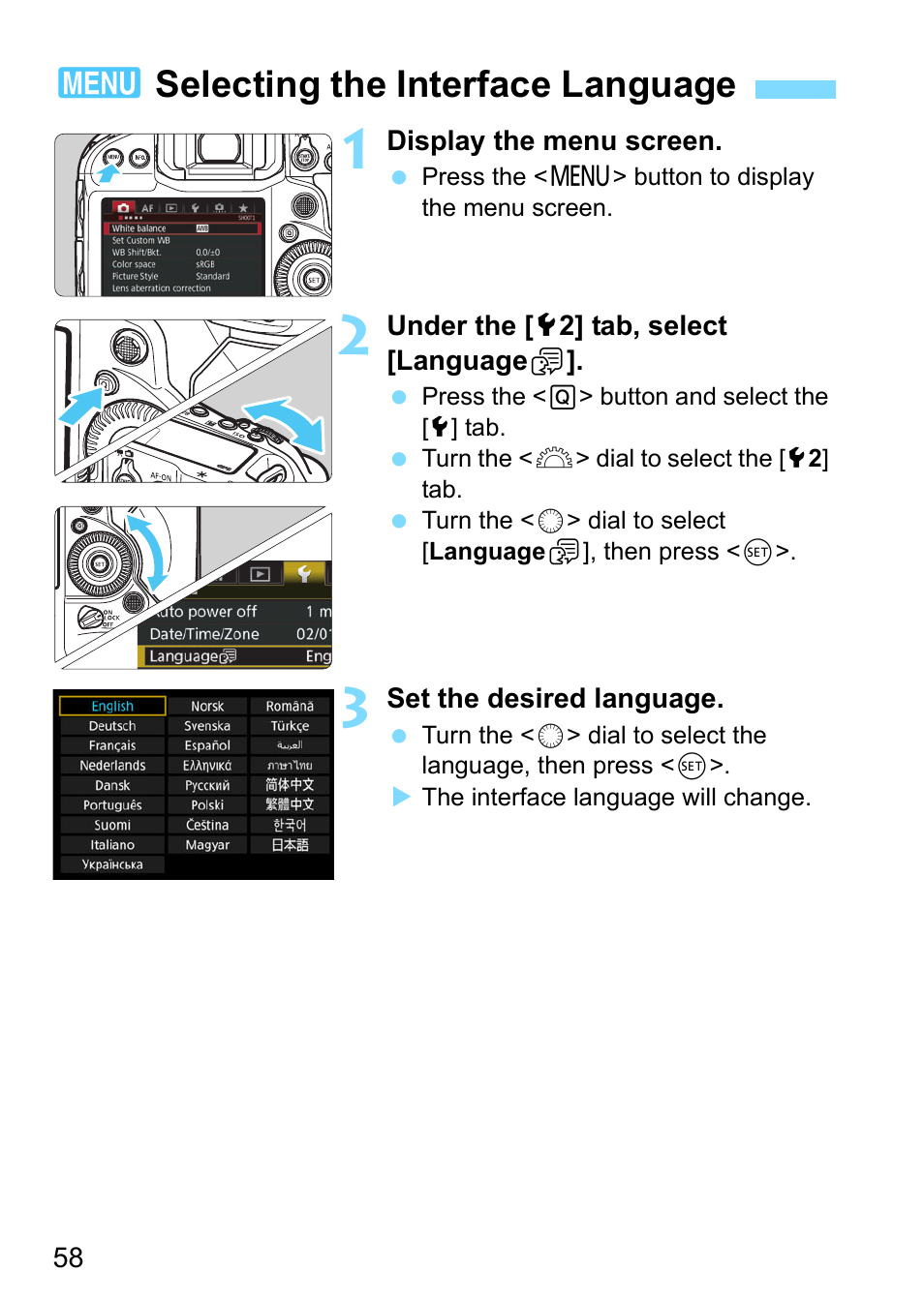 Selecting the interface language, P.58, 3selecting the interface language | Canon EOS-1D X Mark II DSLR Camera (Body Only) User Manual | Page 58 / 564