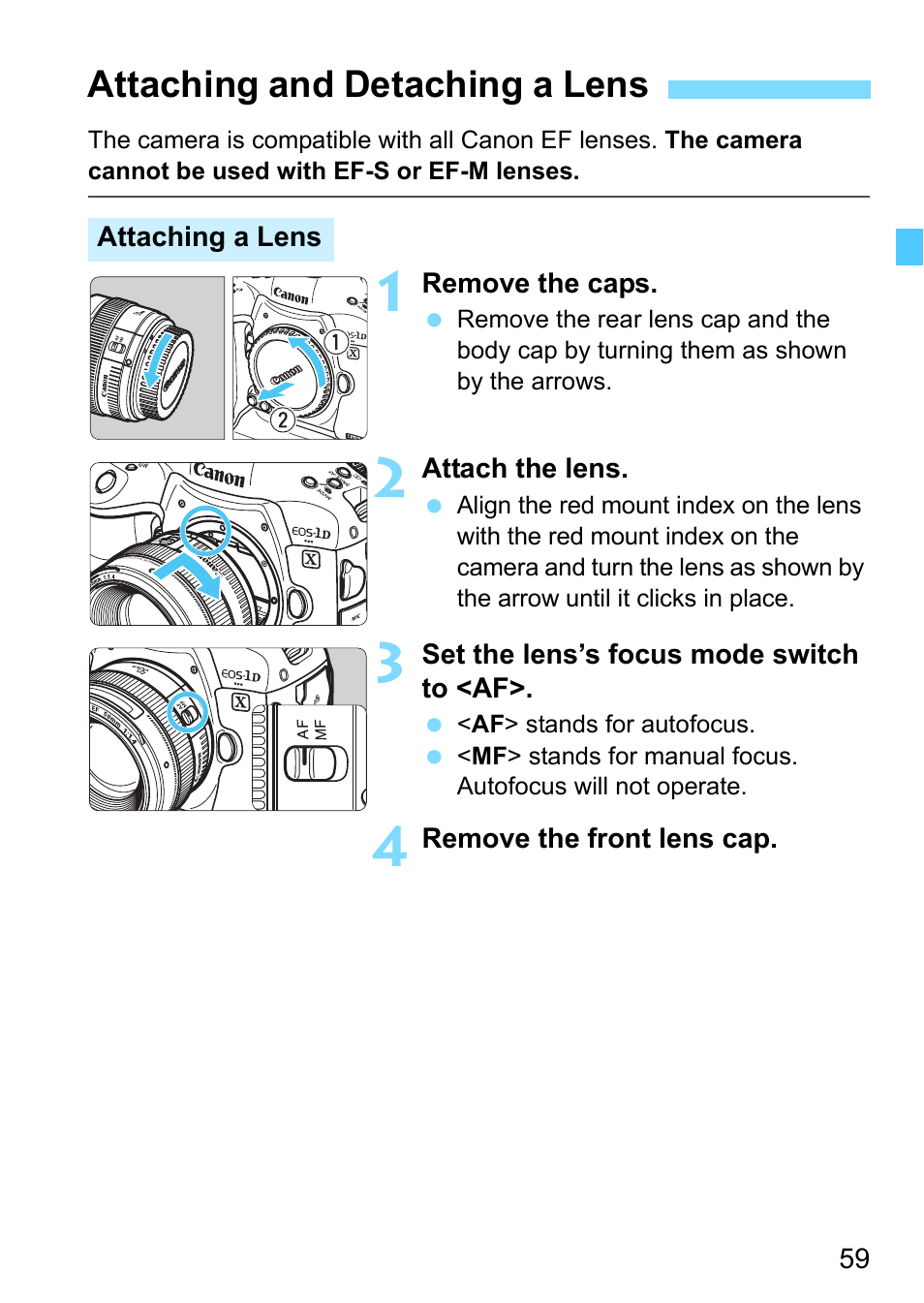 Attaching and detaching a lens, P.59), P.59 | Canon EOS-1D X Mark II DSLR Camera (Body Only) User Manual | Page 59 / 564