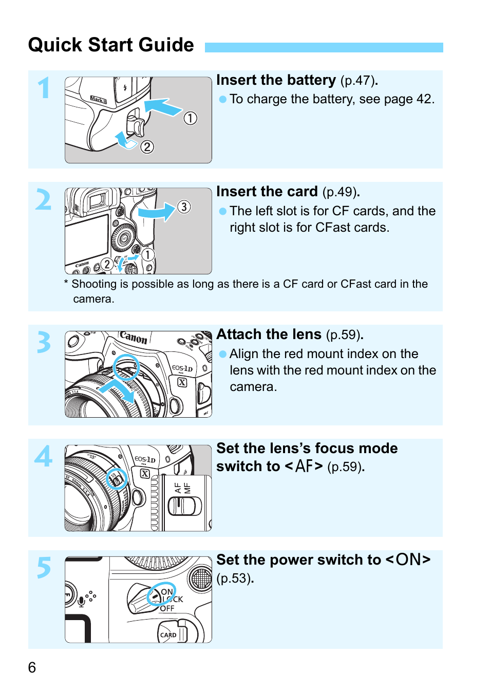 Quick start guide | Canon EOS-1D X Mark II DSLR Camera (Body Only) User Manual | Page 6 / 564