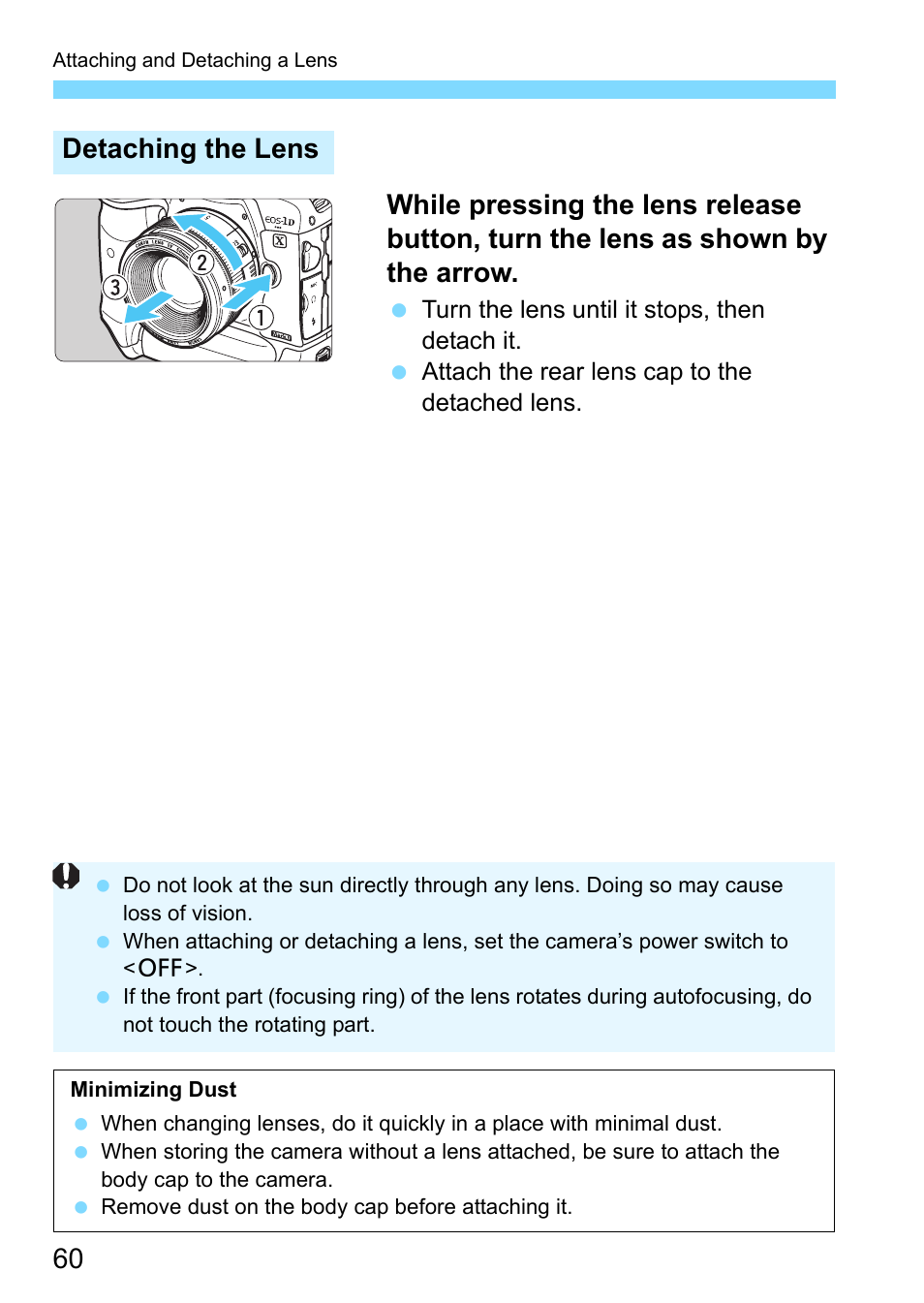 P.60, Detaching the lens | Canon EOS-1D X Mark II DSLR Camera (Body Only) User Manual | Page 60 / 564