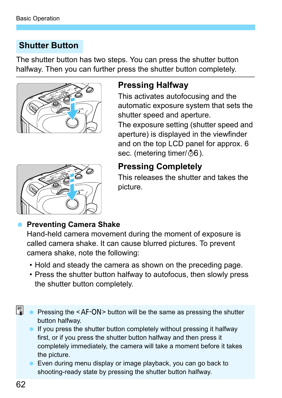 P.62, P.62), Pressing halfway | Pressing completely, Shutter button | Canon EOS-1D X Mark II DSLR Camera (Body Only) User Manual | Page 62 / 564