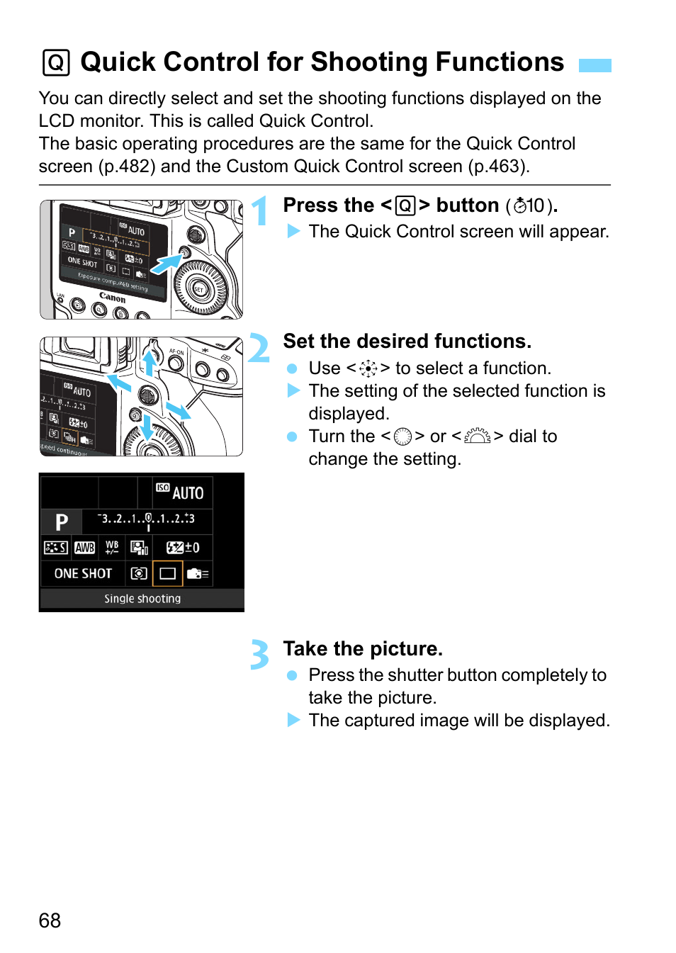 Quick control for shooting functions, P.68, 68). t | Qquick control for shooting functions | Canon EOS-1D X Mark II DSLR Camera (Body Only) User Manual | Page 68 / 564