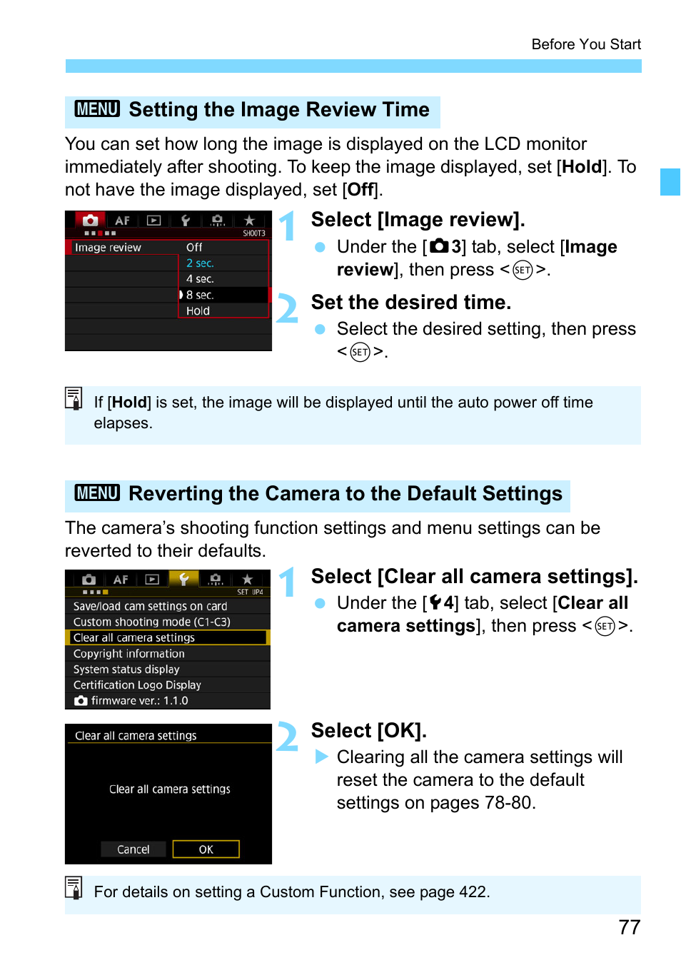 Setting the image review time, Reverting the camera to the default settings, P.77 | Canon EOS-1D X Mark II DSLR Camera (Body Only) User Manual | Page 77 / 564