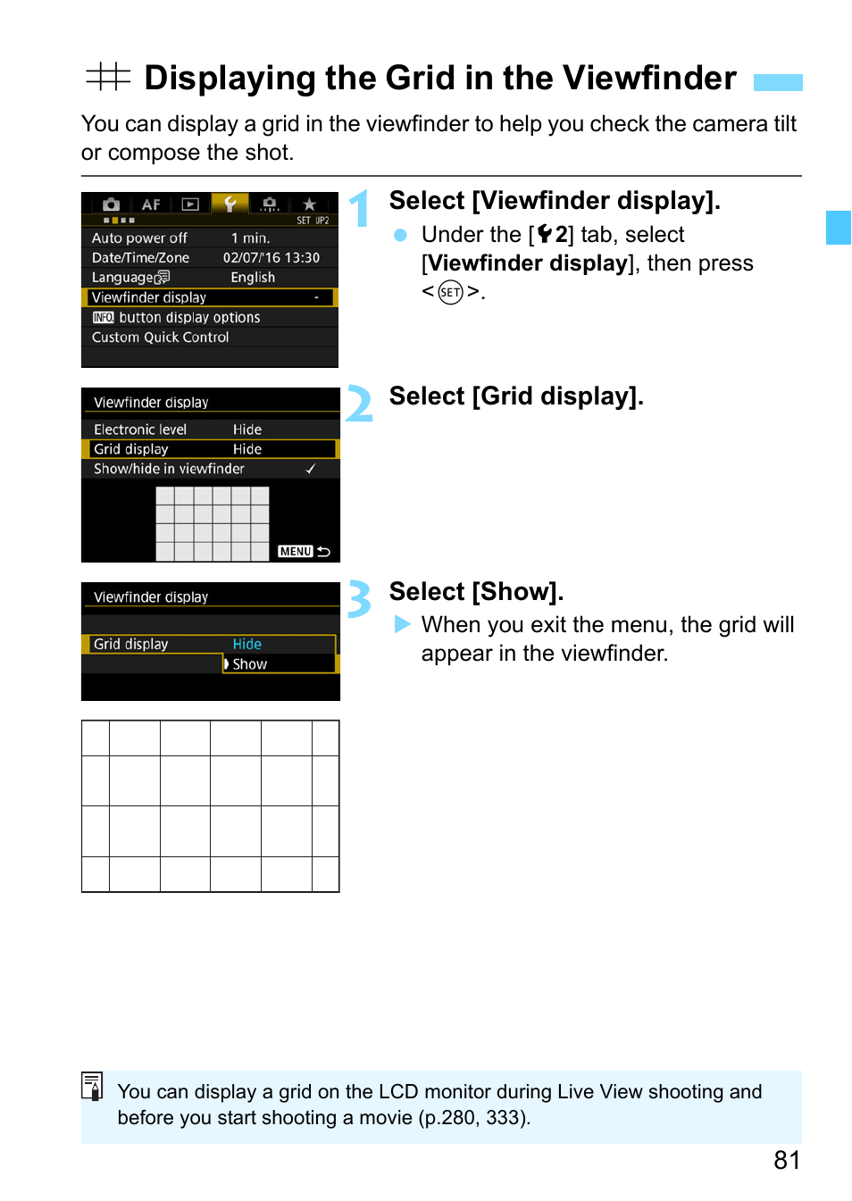 Displaying the grid in the viewfinder, P.81, Ldisplaying the grid in the viewfinder | Canon EOS-1D X Mark II DSLR Camera (Body Only) User Manual | Page 81 / 564