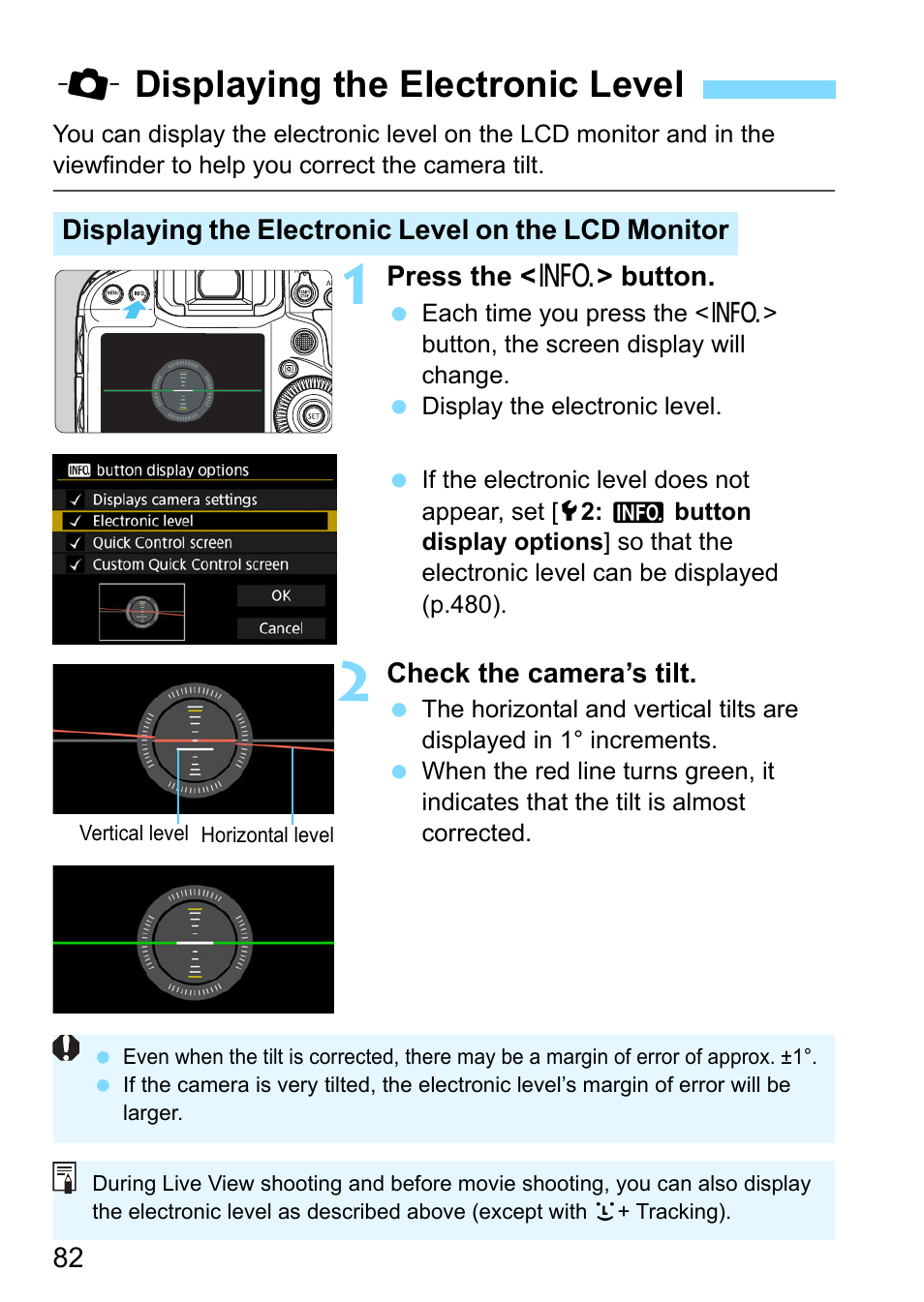 Displaying the electronic level, P.82, Qdisplaying the electronic level | Canon EOS-1D X Mark II DSLR Camera (Body Only) User Manual | Page 82 / 564