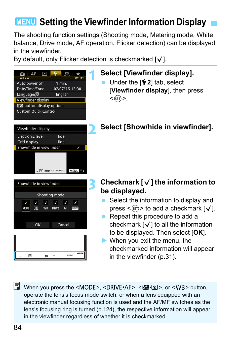 Setting the viewfinder information display, P.84, 3setting the viewfinder information display | Canon EOS-1D X Mark II DSLR Camera (Body Only) User Manual | Page 84 / 564