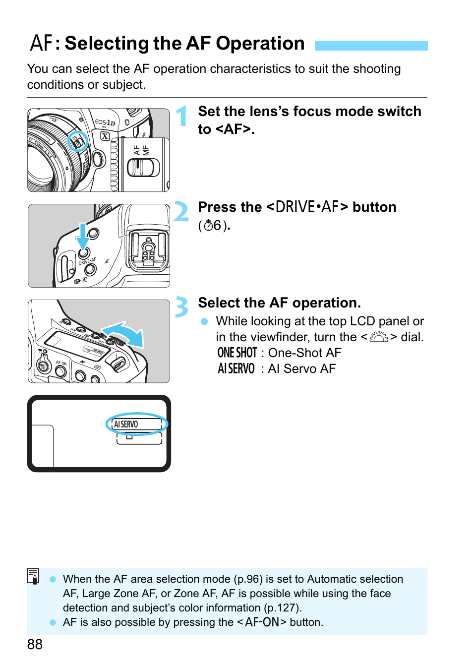 Selecting the af operation, P.88, N (p.88) | F: selecting the af operation | Canon EOS-1D X Mark II DSLR Camera (Body Only) User Manual | Page 88 / 564