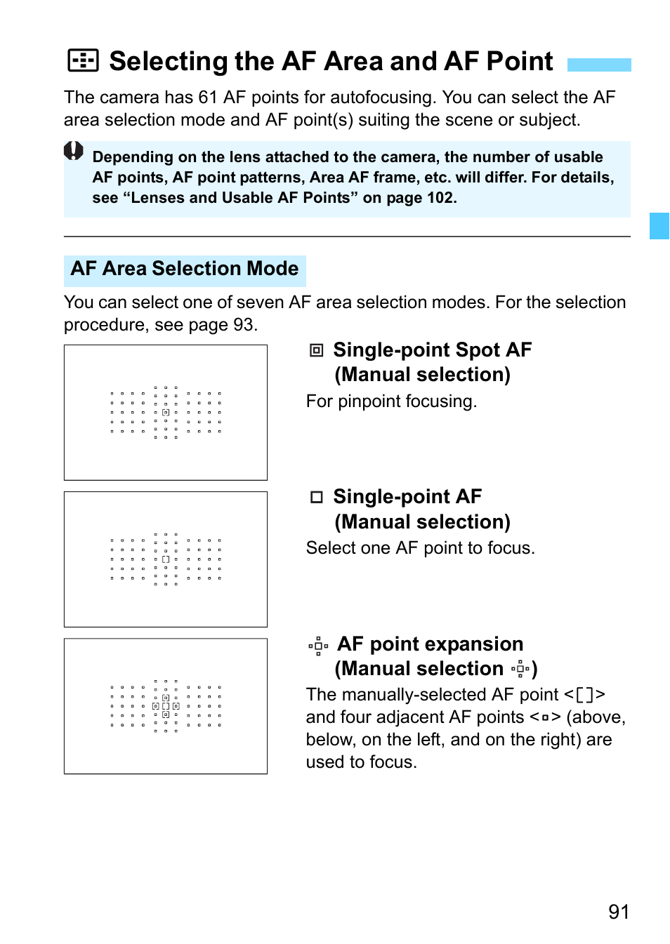 Selecting the af area and af point, P.91, Sselecting the af area and af point | Canon EOS-1D X Mark II DSLR Camera (Body Only) User Manual | Page 91 / 564