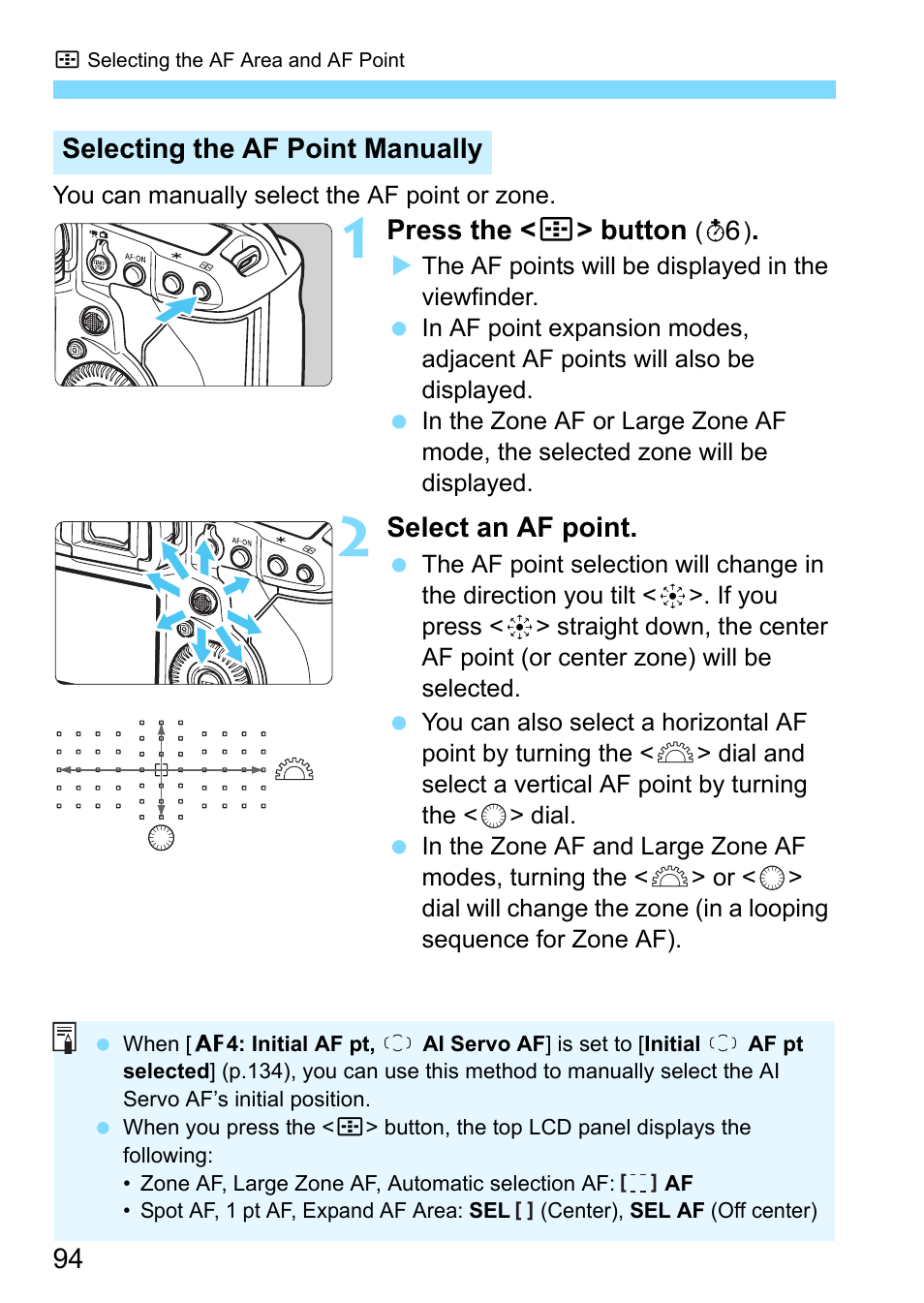 P.94, Press the < s > button, Select an af point | Selecting the af point manually | Canon EOS-1D X Mark II DSLR Camera (Body Only) User Manual | Page 94 / 564