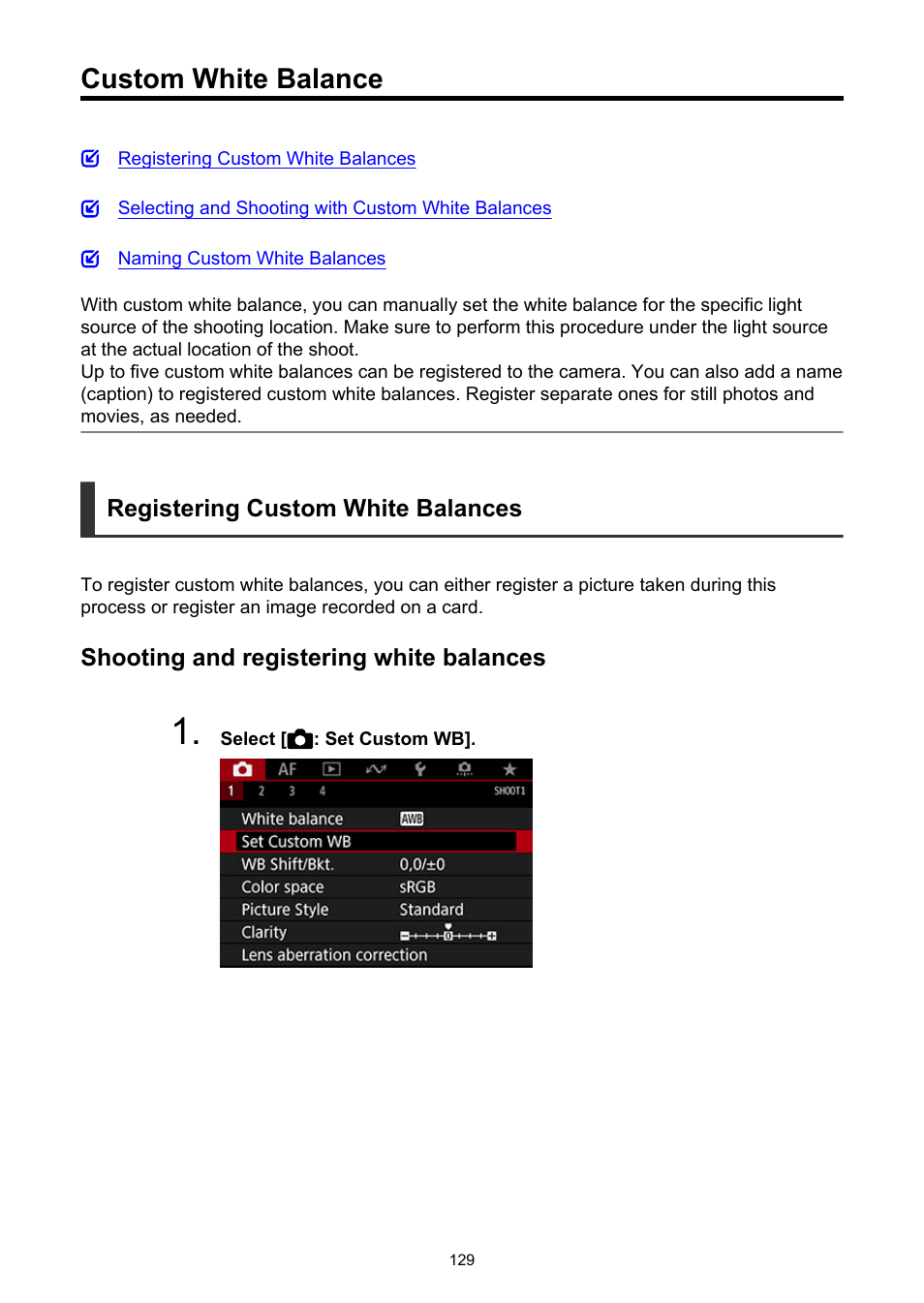 Custom white balance, Set custom wb, Custom | Canon EOS-1D X Mark III DSLR Camera (Body Only) User Manual | Page 129 / 966