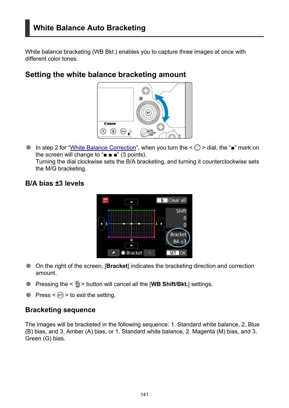 White balance auto bracketing, Setting the white balance bracketing amount | Canon EOS-1D X Mark III DSLR Camera (Body Only) User Manual | Page 141 / 966