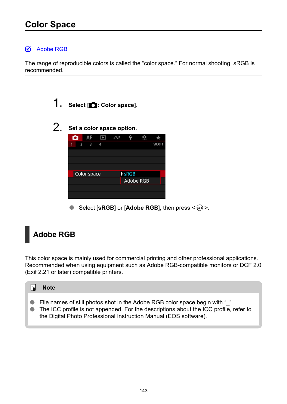 Color space | Canon EOS-1D X Mark III DSLR Camera (Body Only) User Manual | Page 143 / 966