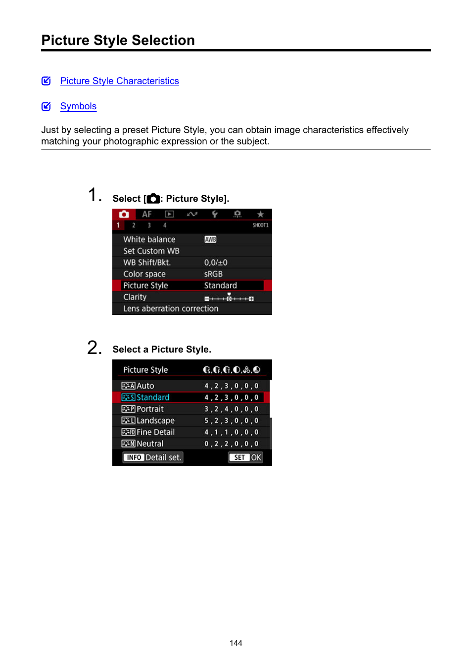 Picture style selection | Canon EOS-1D X Mark III DSLR Camera (Body Only) User Manual | Page 144 / 966