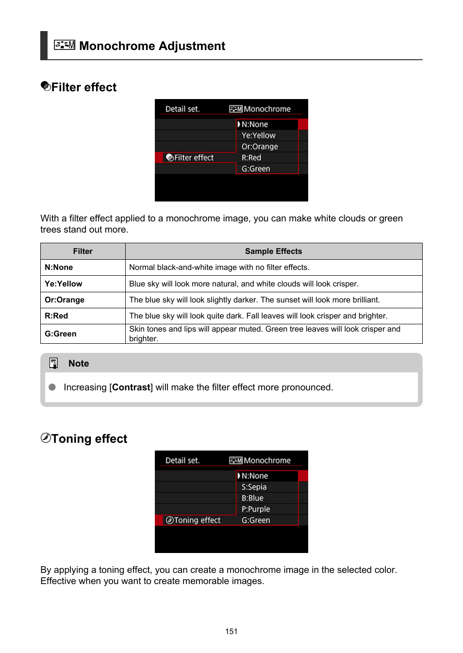 Monochrome adjustment, Monochrome adjustment filter effect, Toning effect | Canon EOS-1D X Mark III DSLR Camera (Body Only) User Manual | Page 151 / 966