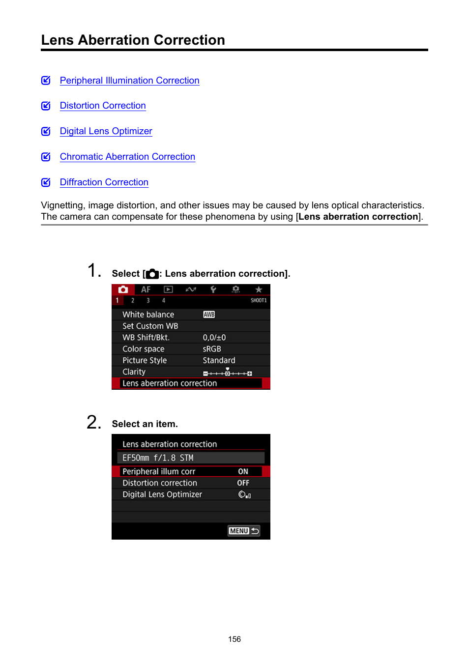 Lens aberration correction | Canon EOS-1D X Mark III DSLR Camera (Body Only) User Manual | Page 156 / 966