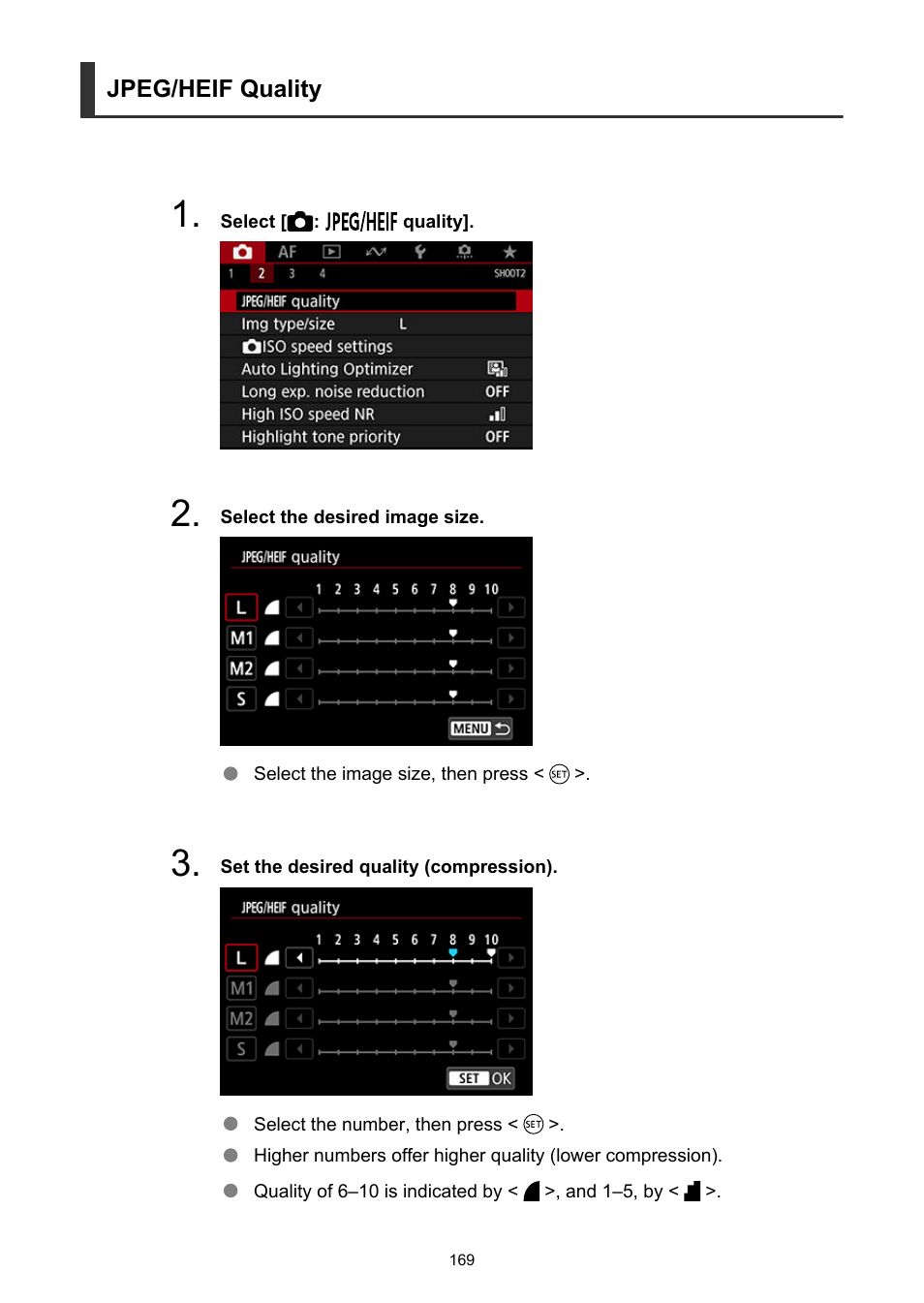 Quality, Jpeg/heif quality | Canon EOS-1D X Mark III DSLR Camera (Body Only) User Manual | Page 169 / 966