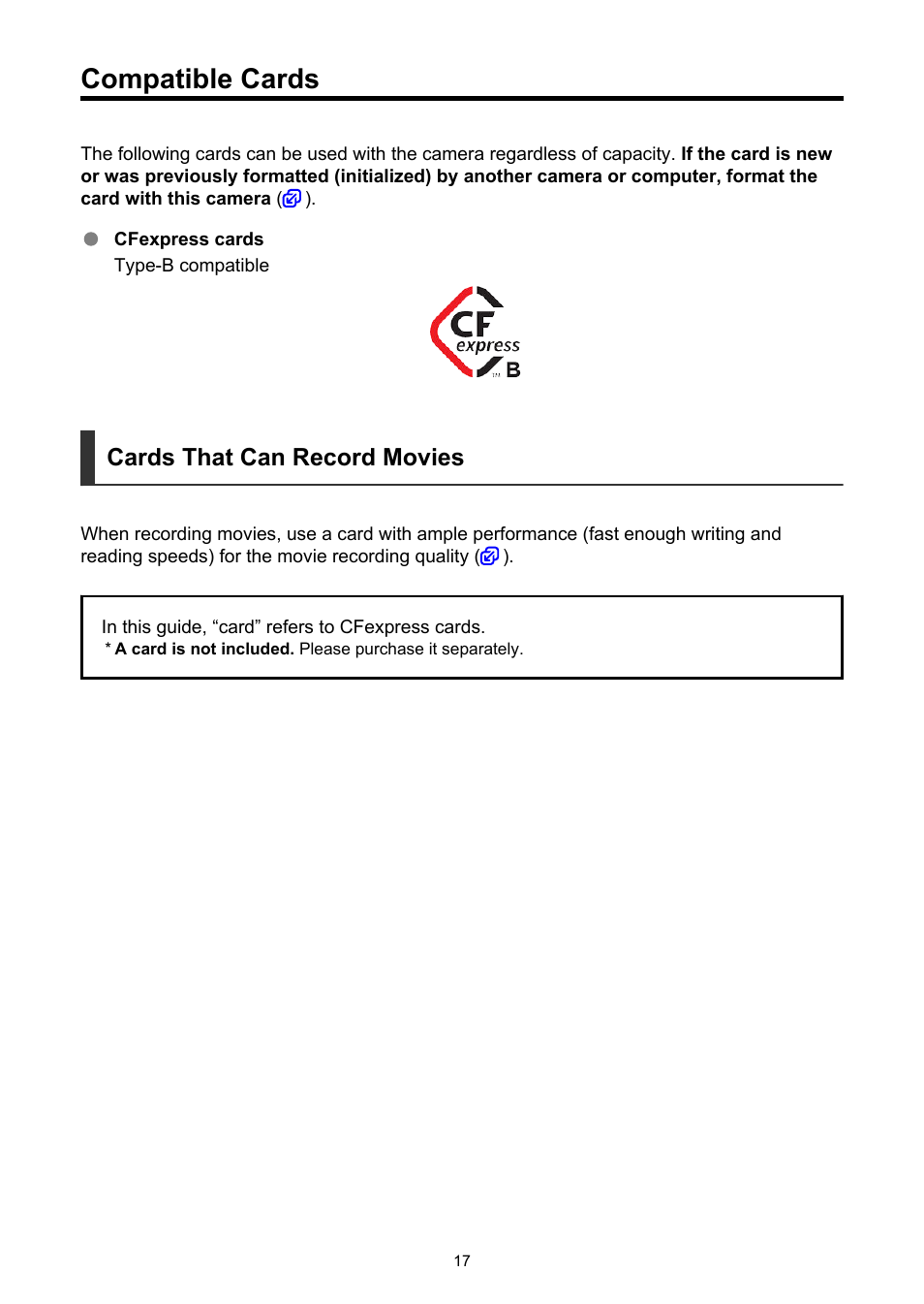 Compatible cards, Cards that can record movies | Canon EOS-1D X Mark III DSLR Camera (Body Only) User Manual | Page 17 / 966