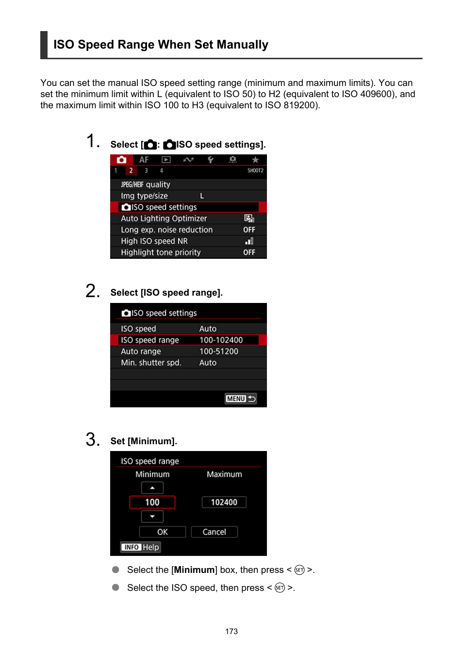 Iso speed range when set manually | Canon EOS-1D X Mark III DSLR Camera (Body Only) User Manual | Page 173 / 966