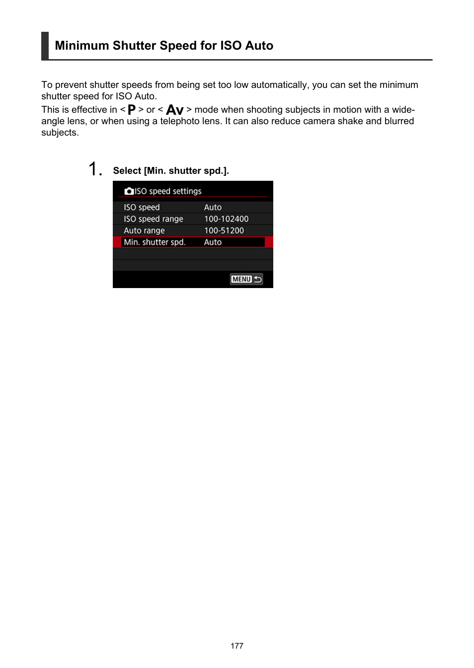 Minimum shutter speed for iso auto | Canon EOS-1D X Mark III DSLR Camera (Body Only) User Manual | Page 177 / 966