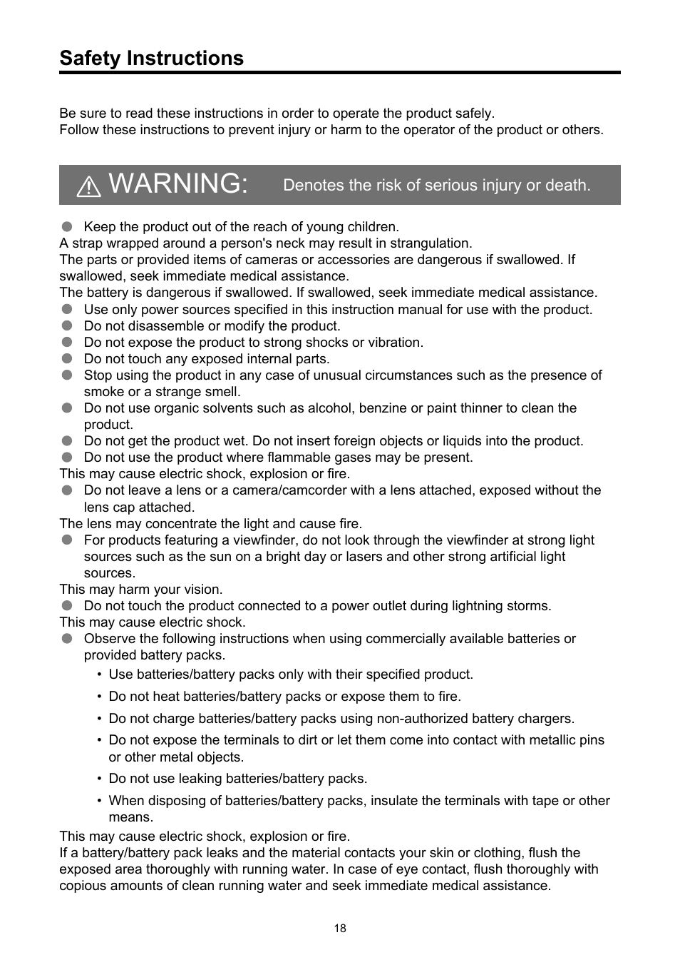 Safety instructions, Warning | Canon EOS-1D X Mark III DSLR Camera (Body Only) User Manual | Page 18 / 966