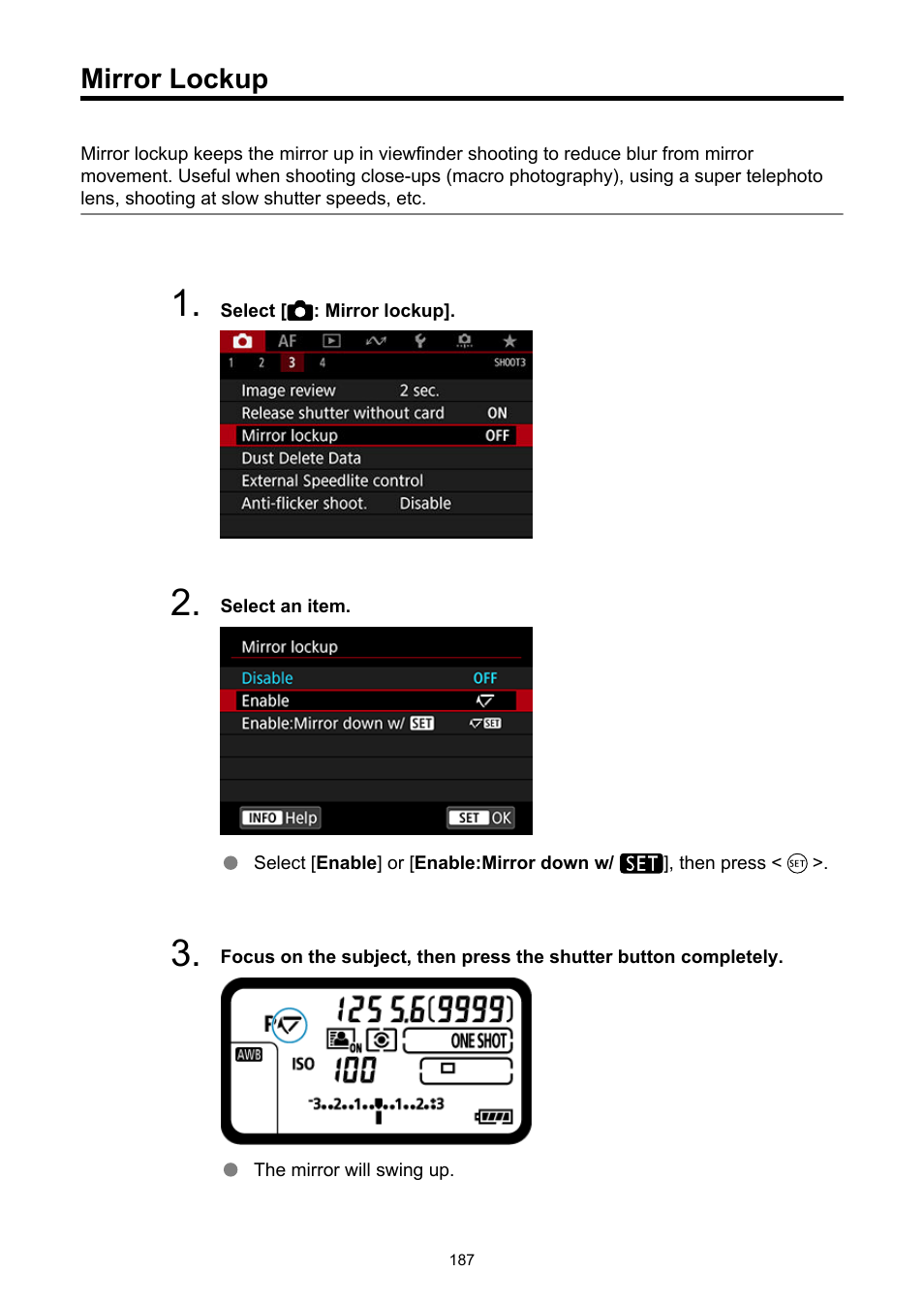 Mirror lockup | Canon EOS-1D X Mark III DSLR Camera (Body Only) User Manual | Page 187 / 966