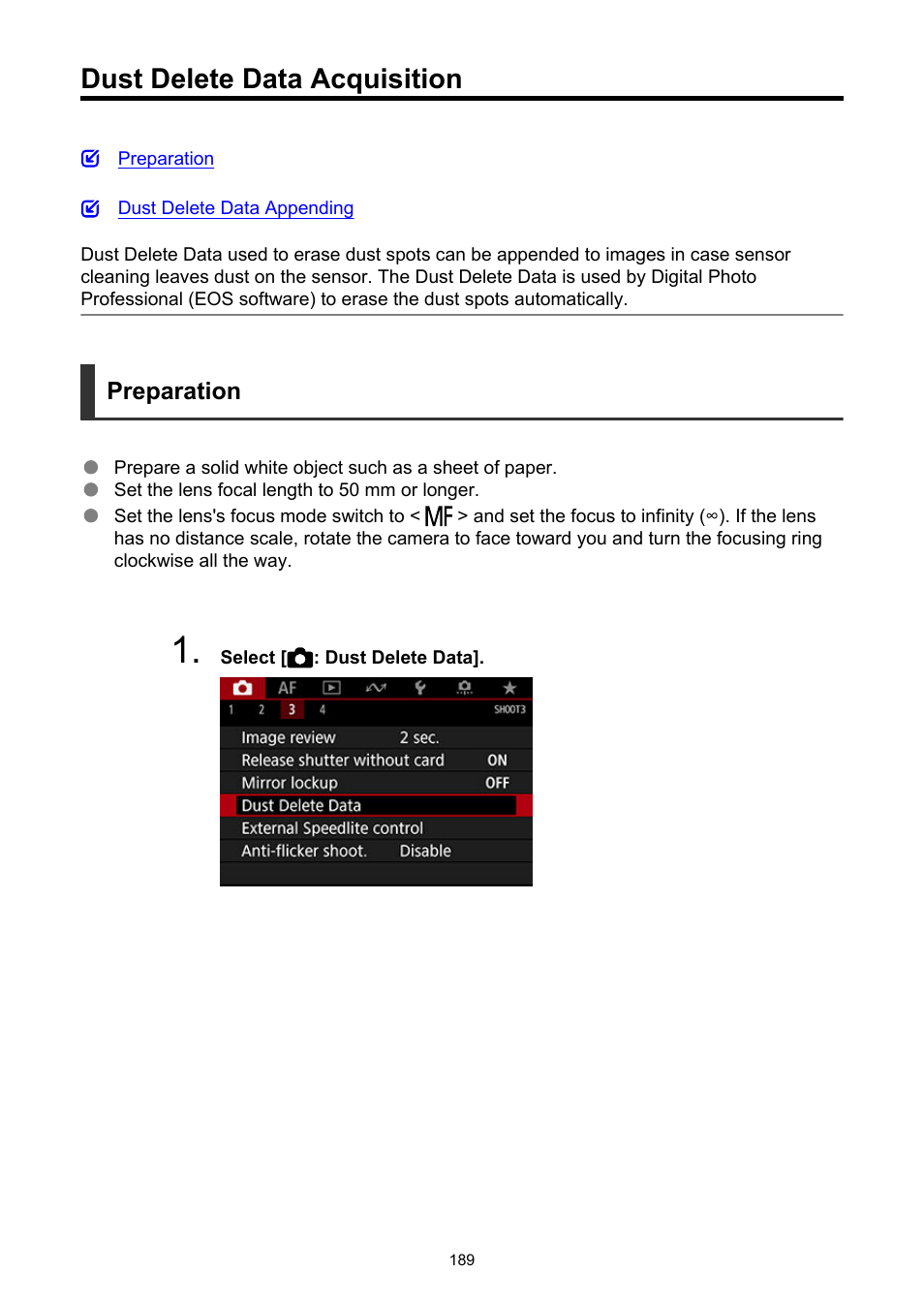 Dust delete data acquisition, Dust delete data | Canon EOS-1D X Mark III DSLR Camera (Body Only) User Manual | Page 189 / 966