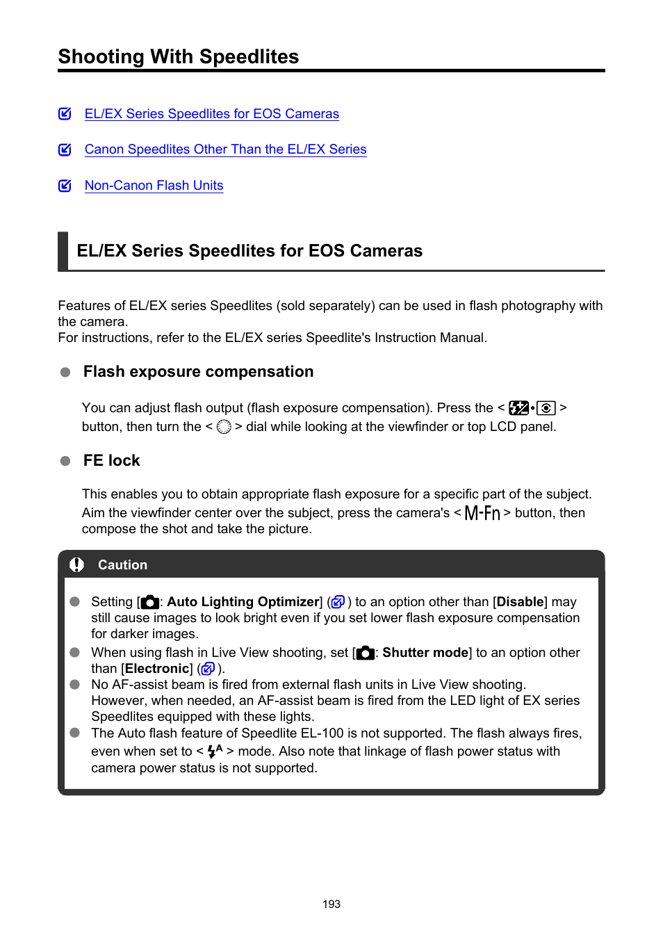 Shooting with speedlites, External speedlite control, El/ex series speedlites for eos cameras | Canon EOS-1D X Mark III DSLR Camera (Body Only) User Manual | Page 193 / 966