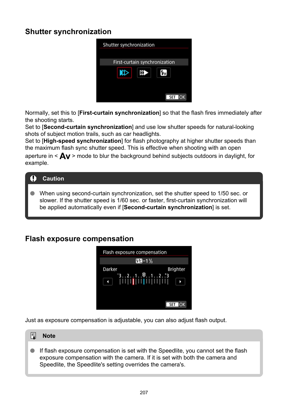 Shutter synchronization, Flash exposure compensation | Canon EOS-1D X Mark III DSLR Camera (Body Only) User Manual | Page 207 / 966