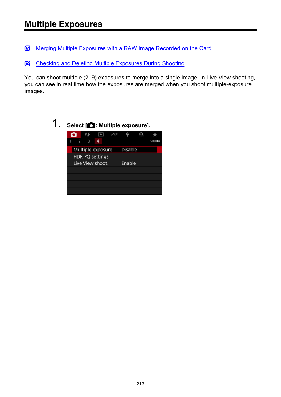 Multiple exposures, Multiple exposure | Canon EOS-1D X Mark III DSLR Camera (Body Only) User Manual | Page 213 / 966