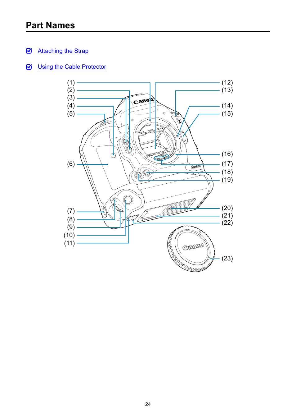 Part names | Canon EOS-1D X Mark III DSLR Camera (Body Only) User Manual | Page 24 / 966