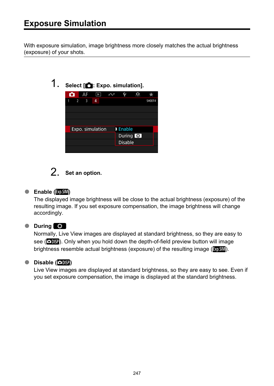 Exposure simulation, Expo. simulation | Canon EOS-1D X Mark III DSLR Camera (Body Only) User Manual | Page 247 / 966