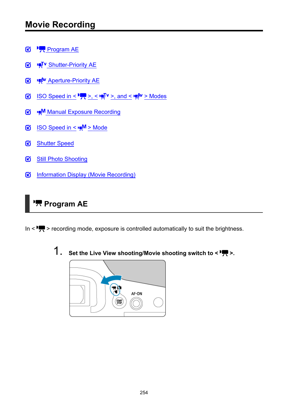 Movie recording, Program ae | Canon EOS-1D X Mark III DSLR Camera (Body Only) User Manual | Page 254 / 966