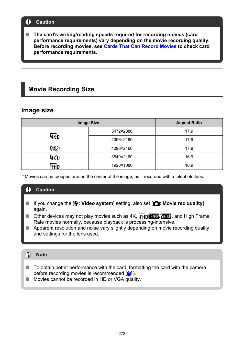 Movie recording size, Movie recording size image size | Canon EOS-1D X Mark III DSLR Camera (Body Only) User Manual | Page 273 / 966