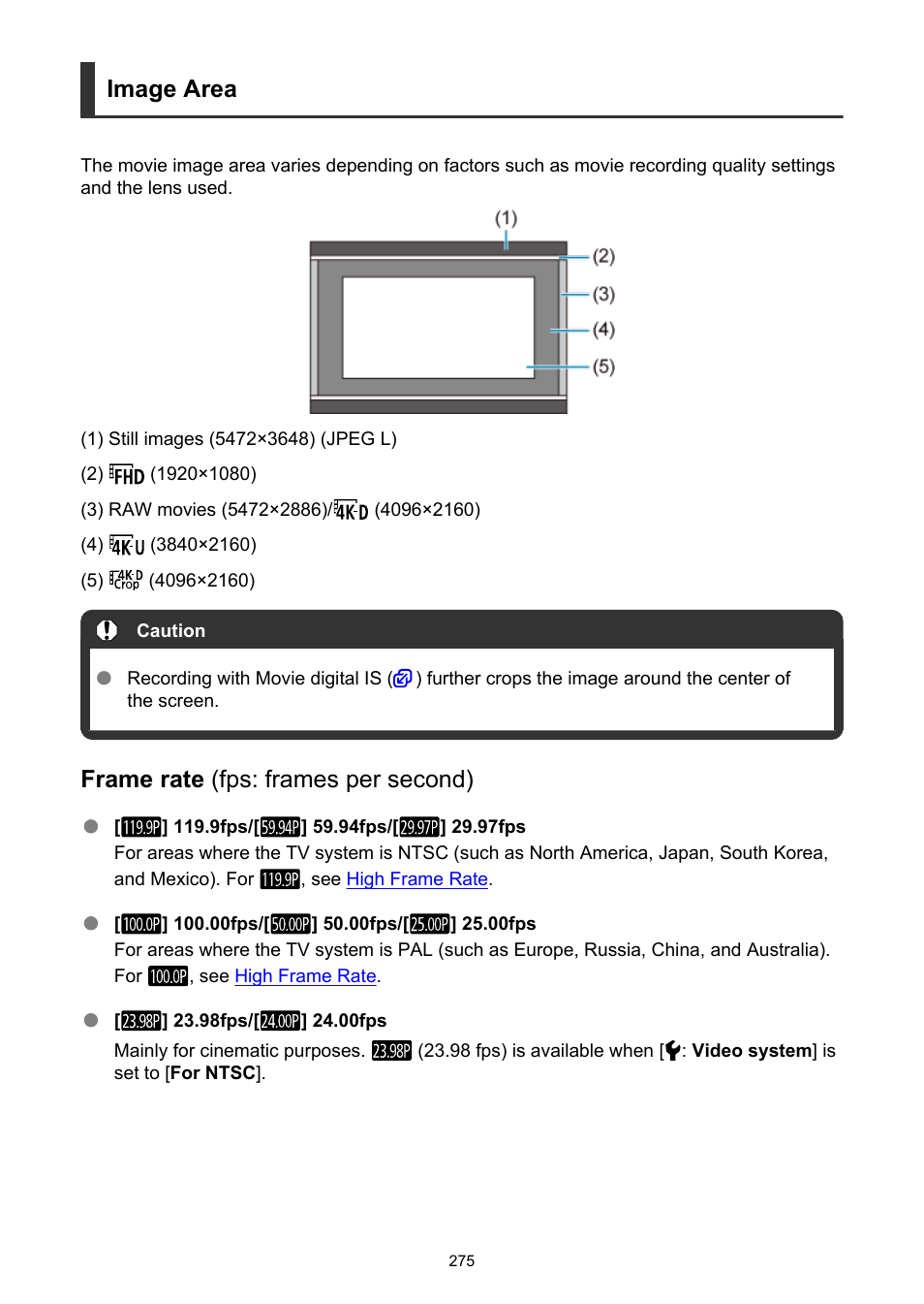 Image area, Frame rate (fps: frames per second) | Canon EOS-1D X Mark III DSLR Camera (Body Only) User Manual | Page 275 / 966