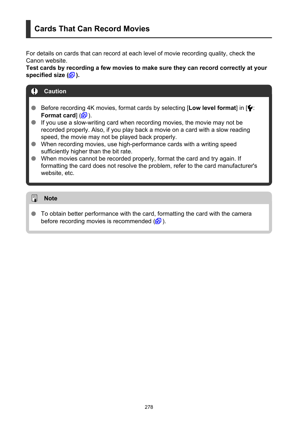 Reading speeds) for the movie recording quality, Cards that can record movies, Before recording movies, see | Canon EOS-1D X Mark III DSLR Camera (Body Only) User Manual | Page 278 / 966
