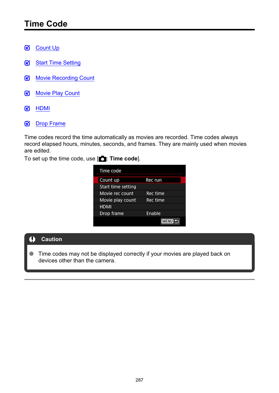 Time code | Canon EOS-1D X Mark III DSLR Camera (Body Only) User Manual | Page 287 / 966