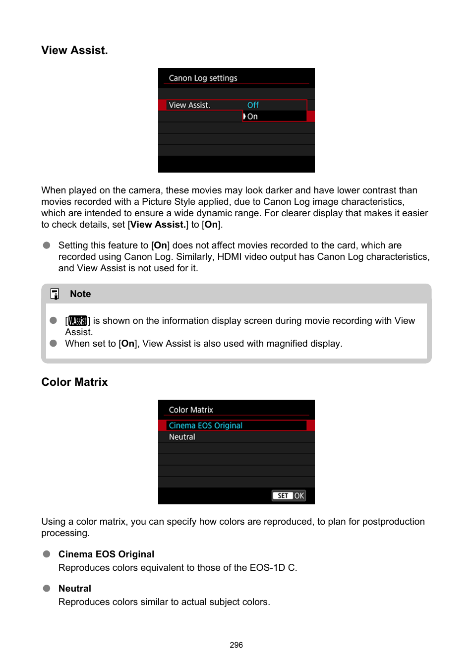 View assist, Color matrix | Canon EOS-1D X Mark III DSLR Camera (Body Only) User Manual | Page 296 / 966