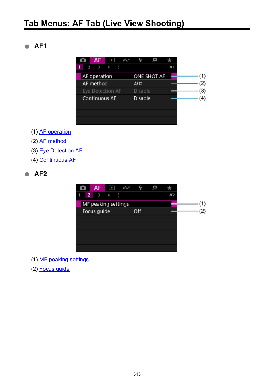 Tab menus: af tab (live view shooting) | Canon EOS-1D X Mark III DSLR Camera (Body Only) User Manual | Page 313 / 966