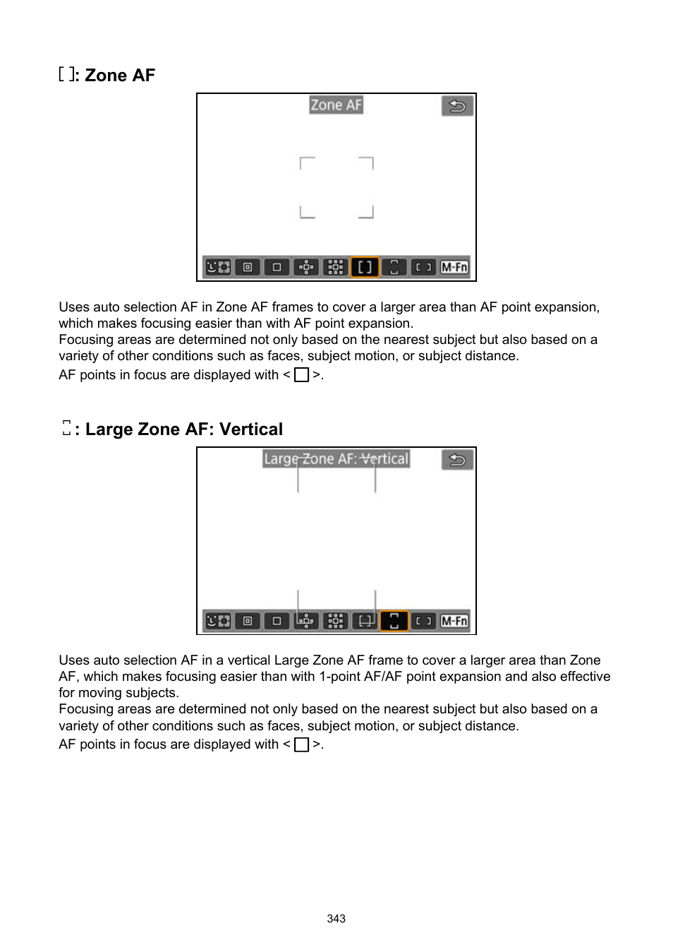 Zone af, Large zone af: vertical | Canon EOS-1D X Mark III DSLR Camera (Body Only) User Manual | Page 343 / 966